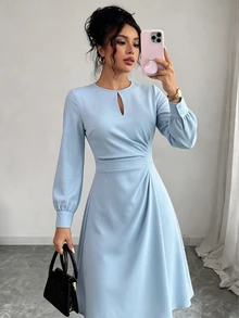 SHEIN Raffinéa Women's Light Blue Keyhole Neck Ruched Midi Dress, Elegant Long Sleeve Dress For Spring Fall Office - Blue - View 6