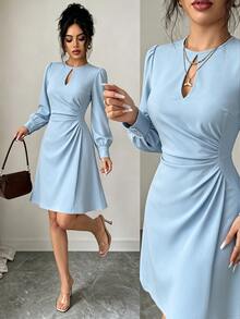 SHEIN Raffinéa Women's Light Blue Keyhole Neck Ruched Midi Dress, Elegant Long Sleeve Dress For Spring Fall Office - Blue - View 7
