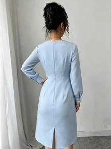 SHEIN Raffinéa Women's Light Blue Keyhole Neck Ruched Midi Dress, Elegant Long Sleeve Dress For Spring Fall Office - Blue - View 3