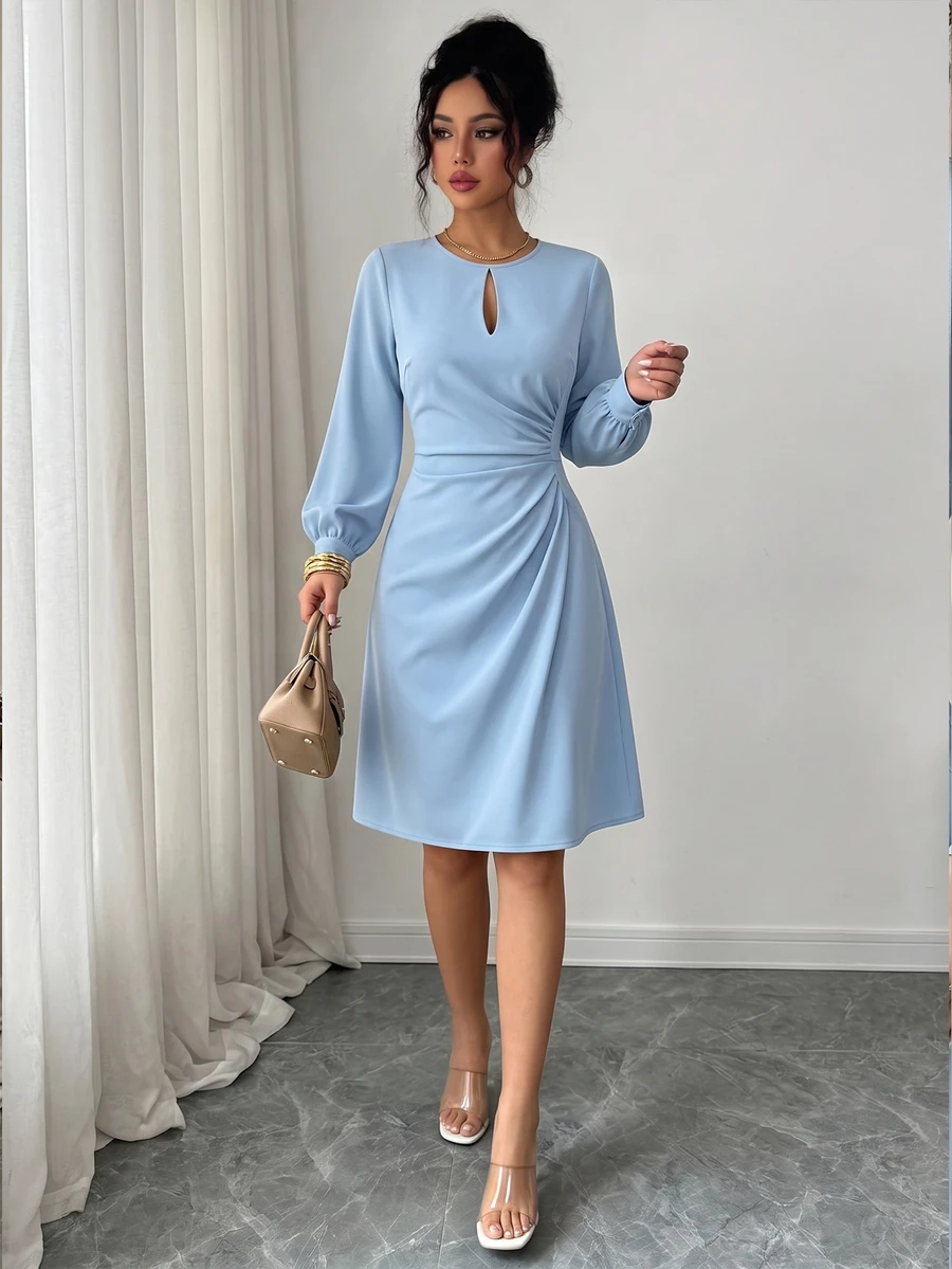 SHEIN Raffinéa Women's Light Blue Keyhole Neck Ruched Midi Dress, Elegant Long Sleeve Dress For Spring Fall Office