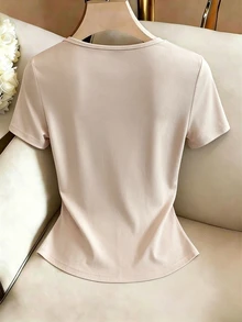 Elenzga تي شيرت نسائي كاجوال بسيط بلون موحد بتصميم الياقة وخصر مشدود وقصة ضيقة للتنقل اليومي متعدد الاستخدامات بأكمام قصيرة للربيع/الصيف - كاكي - مشاهدة 2