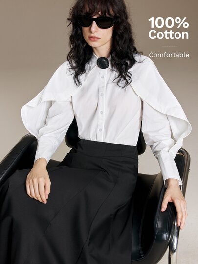 Ontre Women's White Long Sleeve Shirt With Batwing Sleeve Design, Metal Button Decor, Modern Urban Fashion Business Casual Office Wear, Low-Key Old Money Style, Elegant High-End Commuter Outfit, High-Quality Comfortable Versatile Airport Attire, Women's Blouse