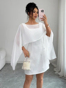 Elenzga Women's Elegant Mesh Patchwork Sleeveless Waist Cinched Minimalist White Party Cocktail Mini Dress, Suitable For Banquet, Party, Date - White - View 6