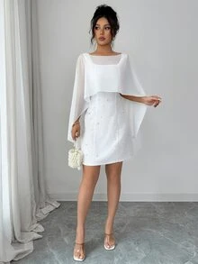 Elenzga Women's Elegant Mesh Patchwork Sleeveless Waist Cinched Minimalist White Party Cocktail Mini Dress, Suitable For Banquet, Party, Date - White - View 7