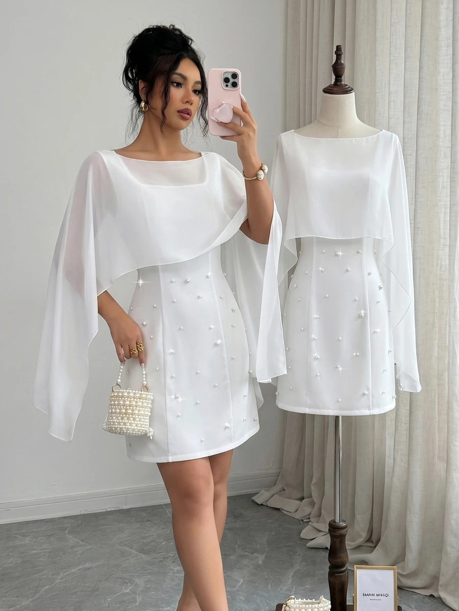 Elenzga Women's Elegant Mesh Patchwork Sleeveless Waist Cinched Minimalist White Party Cocktail Mini Dress, Suitable For Banquet, Party, Date - White - View 1