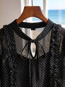 SHEIN French Vintage Ruffle Trim Long Sleeve Chiffon Blouse, With Ruffle Collar, Black And White Polka Dot Pattern, Suitable For Summer, Elegant, Casual Office Wear - Black - View 6