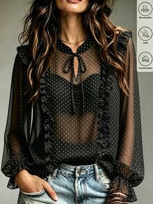 SHEIN French Vintage Ruffle Trim Long Sleeve Chiffon Blouse, With Ruffle Collar, Black And White Polka Dot Pattern, Suitable For Summer, Elegant, Casual Office Wear - Black - View 2