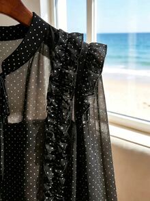 SHEIN French Vintage Ruffle Trim Long Sleeve Chiffon Blouse, With Ruffle Collar, Black And White Polka Dot Pattern, Suitable For Summer, Elegant, Casual Office Wear - Black - View 7