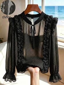 SHEIN French Vintage Ruffle Trim Long Sleeve Chiffon Blouse, With Ruffle Collar, Black And White Polka Dot Pattern, Suitable For Summer, Elegant, Casual Office Wear - Black - View 5