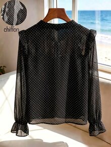SHEIN French Vintage Ruffle Trim Long Sleeve Chiffon Blouse, With Ruffle Collar, Black And White Polka Dot Pattern, Suitable For Summer, Elegant, Casual Office Wear - Black - View 4