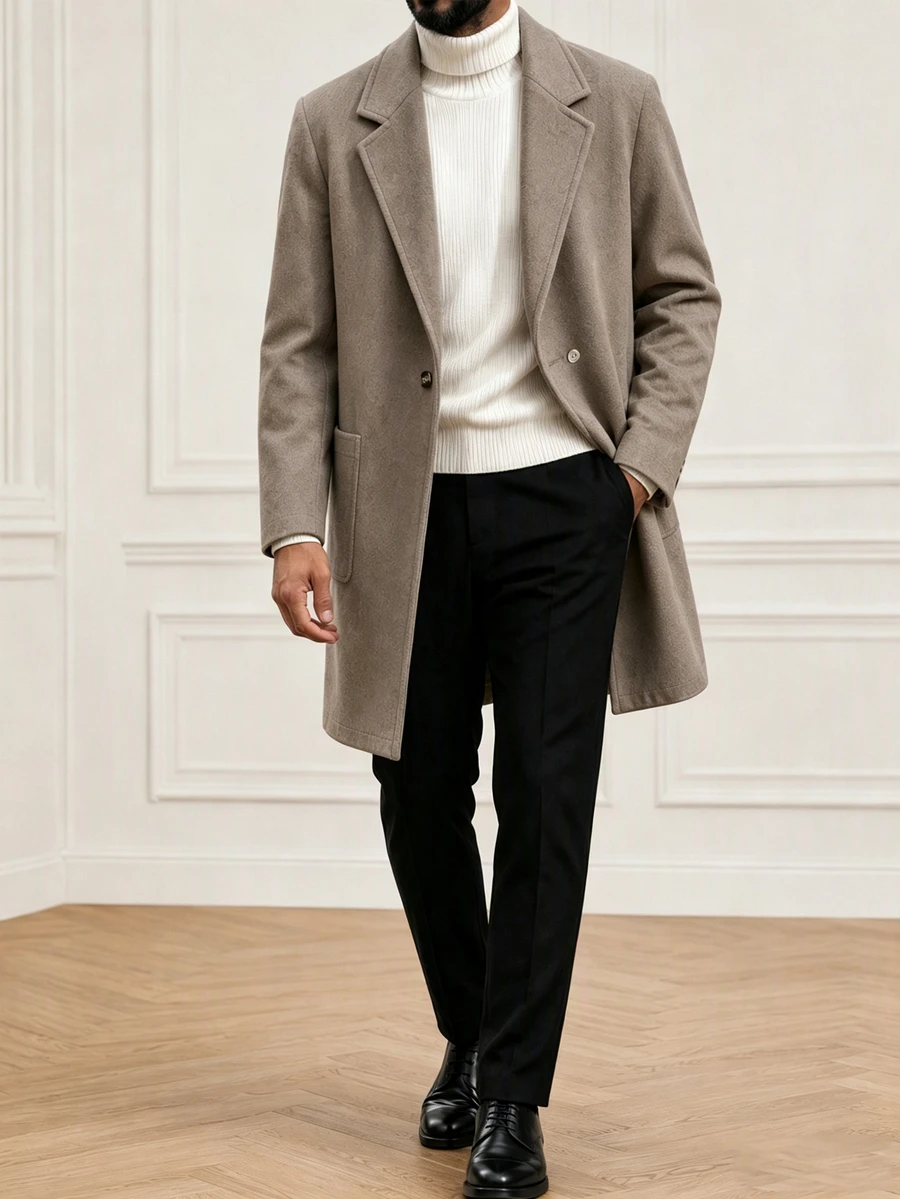 Core Aspect Men's Vintage Versatile Button Pocket Lapel Overcoat - Camel - View 1