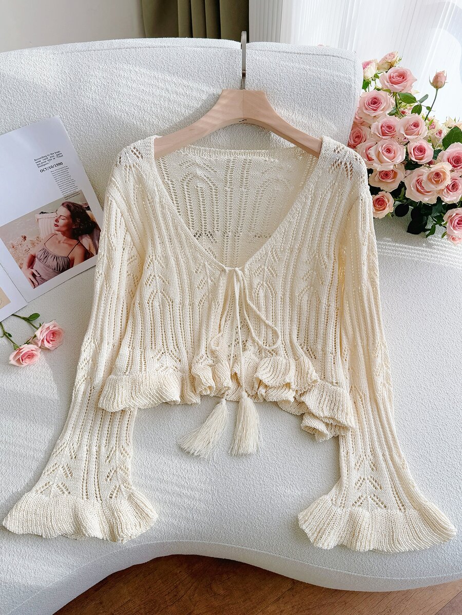 SHEIN Privé Plus Size Women Autumn Casual Fairy Vacation Boho Style Hollow-Out Knitted Cardigan With Tassels Birthday Party Wedding Guest White Fall - Apricot - View 1