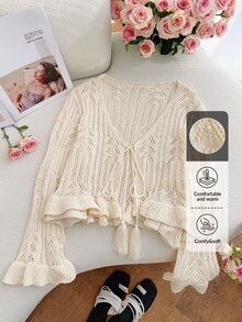 SHEIN Privé 大尺碼女款秋季休閒仙氣度假波西米亞風鏤空針織開襟衫，附流蘇，白色，適合生日派對、婚禮賓客、秋季穿搭 - 杏色 - 查看 1