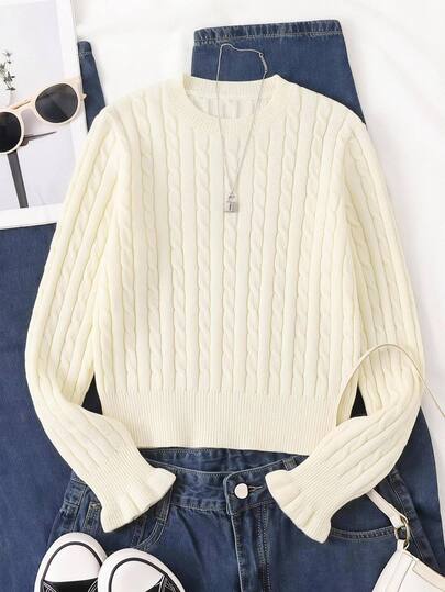 SHEIN Fall Winter Teen Girl Long Sleeve Cable Knit Sweater Pullover, Back To School, Cozy Soft, Festival Christmas