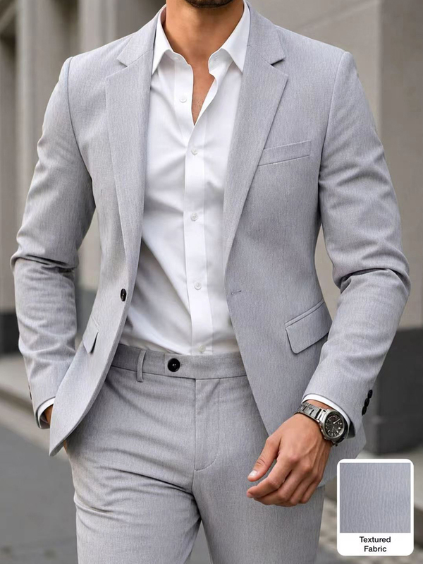 Manfinity Mode Men's Solid Color Casual Business Suit Set, Made Of Textured Fabric, Suitable For Daily Commute Wear, Also An Ideal Gift For Boyfriend And Husband