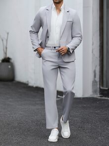 Manfinity Mode 男士純色休閒商務西裝套裝，採用紋理面料製成，適合日常通勤穿著，也是送給男朋友和丈夫的理想禮物 - 淺灰色 - 查看 5