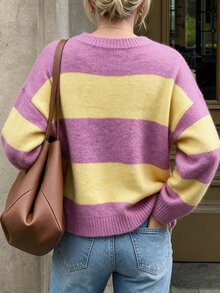 Selianne Elegant, Casual, And Adorable Round-Neck Long-Sleeved Sweater, Perfect For Everyday Home Wear, Women's Fall Outfits School Pink And Yellow - Multicolor - View 4