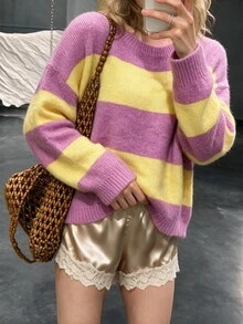 Selianne Elegant, Casual, And Adorable Round-Neck Long-Sleeved Sweater, Perfect For Everyday Home Wear, Women's Fall Outfits School Pink And Yellow - Multicolor - View 2
