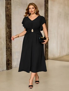 Roveilla Vestido Feminino Plus Size Profissional com Cintura Marcada, Minimalista, Casual, Elegante, Cor Sólida, Preto, para Trabalho, Jantar, Festa, Noite, Formal, Verão e Coquetel - Preto - Visão 6