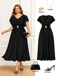 Roveilla Vestido Feminino Plus Size Profissional com Cintura Marcada, Minimalista, Casual, Elegante, Cor Sólida, Preto, para Trabalho, Jantar, Festa, Noite, Formal, Verão e Coquetel - Preto - Visão 7