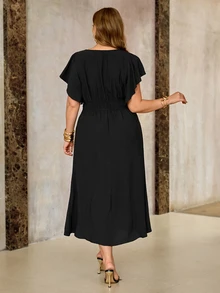 Roveilla Vestido Feminino Plus Size Profissional com Cintura Marcada, Minimalista, Casual, Elegante, Cor Sólida, Preto, para Trabalho, Jantar, Festa, Noite, Formal, Verão e Coquetel - Preto - Visão 2
