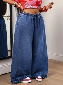 Slaydiva Plus Size Women's Waist Tie Loose Casual Denim Wide Leg Pants - Black - View 5