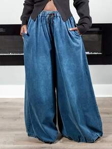 Slaydiva Plus Size Women's Waist Tie Loose Casual Denim Wide Leg Pants - Black - View 7
