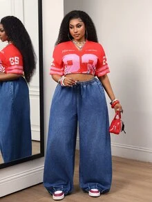 Slaydiva Plus Size Women's Waist Tie Loose Casual Denim Wide Leg Pants - Black - View 6