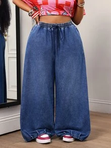 Slaydiva Plus Size Women's Waist Tie Loose Casual Denim Wide Leg Pants - Black - View 4