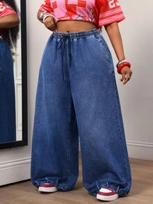 Slaydiva Plus Size Women's Waist Tie Loose Casual Denim Wide Leg Pants - Black - View 3