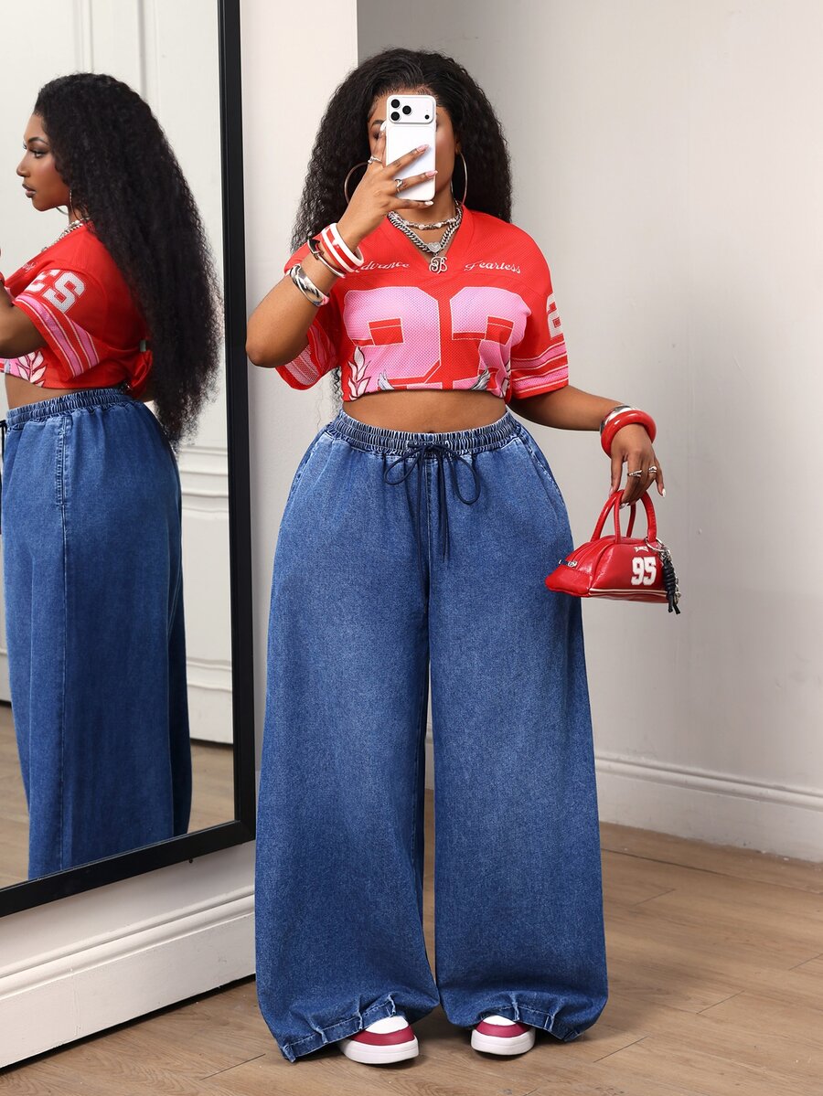Slaydiva Plus Size Women's Waist Tie Loose Casual Denim Wide Leg Pants - Black - View 1