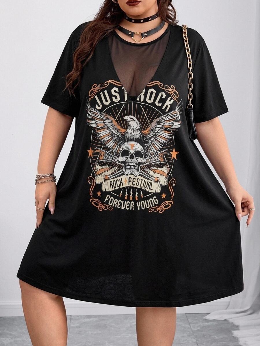 SHEIN CURVE+ Plus Size Women's Mesh Patchwork Skull Pattern T-Shirt Dress, Street Style Goth, Music Festival, Spring/Summer Concert Black - Black - View 1