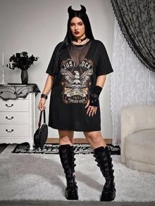 SHEIN CURVE+ Plus Size Women's Mesh Patchwork Skull Pattern T-Shirt Dress, Street Style Goth, Music Festival, Spring/Summer Concert Black - Black - View 4