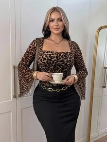 SHEIN CURVE+ Women's Plus Size Retro Sexy Millennial Style Y2K Urban Modern Avant-Garde Square Neck Flared Ruffle Long Sleeve Brown Leopard Print Mesh Top Fall - Multicolor - View 3