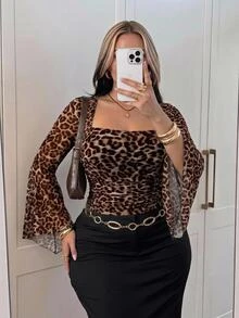 SHEIN CURVE+ Women's Plus Size Retro Sexy Millennial Style Y2K Urban Modern Avant-Garde Square Neck Flared Ruffle Long Sleeve Brown Leopard Print Mesh Top Fall - Multicolor - View 1
