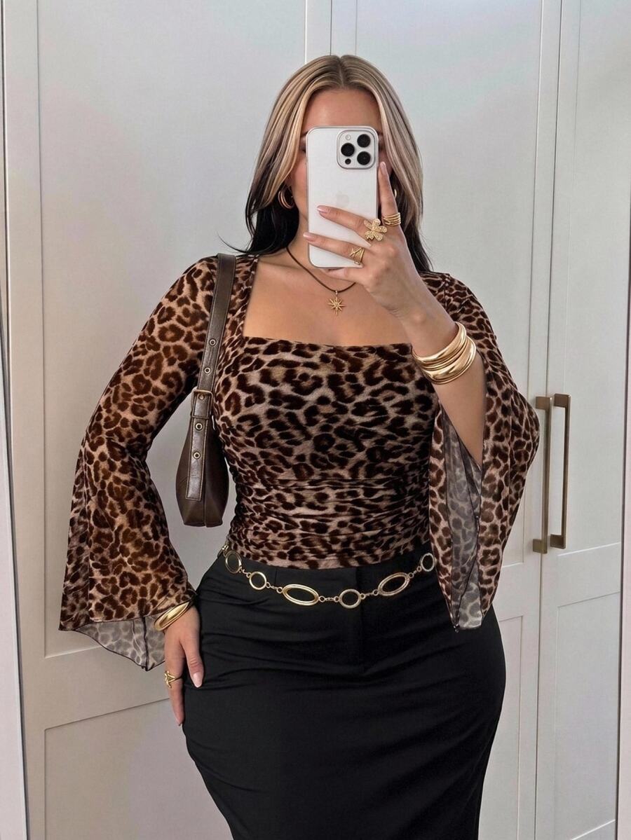 SHEIN CURVE+ Women's Plus Size Retro Sexy Millennial Style Y2K Urban Modern Avant-Garde Square Neck Flared Ruffle Long Sleeve Brown Leopard Print Mesh Top Fall - Multicolor - View 1
