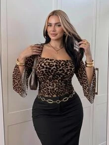 SHEIN CURVE+ Women's Plus Size Retro Sexy Millennial Style Y2K Urban Modern Avant-Garde Square Neck Flared Ruffle Long Sleeve Brown Leopard Print Mesh Top Fall - Multicolor - View 4