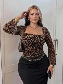 SHEIN CURVE+ Women's Plus Size Retro Sexy Millennial Style Y2K Urban Modern Avant-Garde Square Neck Flared Ruffle Long Sleeve Brown Leopard Print Mesh Top Fall - Multicolor - View 2