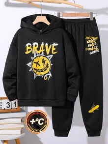 SHEIN 2件組兒童青少年男孩休閒運動字母與圖案連帽長袖上衣與運動長褲套裝，適合通勤、上學、日常休閒、度假、旅行、運動，秋冬穿著 - 黑色 - 查看 2