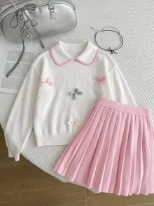 SHEIN 青少年女孩服裝套裝，對比色彼得潘領針織毛衣配可愛蝴蝶結與百褶裙 2 件套，柔軟舒適，適合冬季 - 粉色 - 查看 6