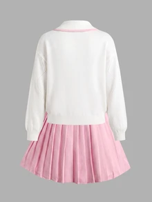 SHEIN 青少年女孩服裝套裝，對比色彼得潘領針織毛衣配可愛蝴蝶結與百褶裙 2 件套，柔軟舒適，適合冬季 - 粉色 - 查看 3