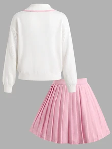 SHEIN 青少年女孩服裝套裝，對比色彼得潘領針織毛衣配可愛蝴蝶結與百褶裙 2 件套，柔軟舒適，適合冬季 - 粉色 - 查看 2