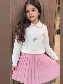 SHEIN 青少年女孩服裝套裝，對比色彼得潘領針織毛衣配可愛蝴蝶結與百褶裙 2 件套，柔軟舒適，適合冬季 - 粉色 - 查看 1