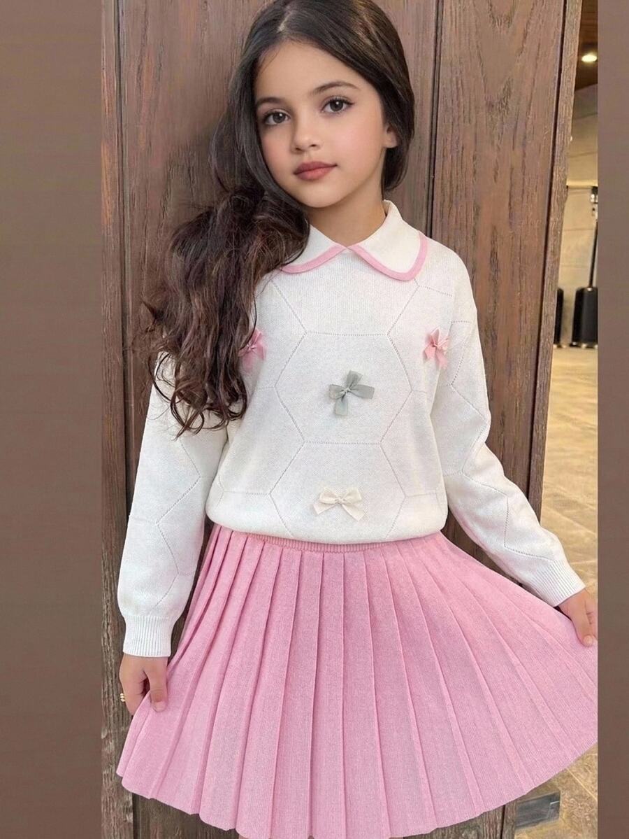 SHEIN 青少年女孩服裝套裝,對比色彼得潘領針織毛衣配可愛蝴蝶結與百褶裙 2 件套,柔軟舒適,適合冬季 - 粉色 - 查看 1