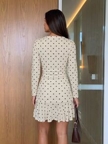 Siren Gaze Gaun Mini Kasual Lipit Polkadot untuk Wanita, Cocok untuk Sehari-hari di Musim Panas - Aprikot - View 2