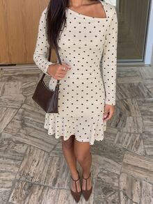 Siren Gaze Gaun Mini Kasual Lipit Polkadot untuk Wanita, Cocok untuk Sehari-hari di Musim Panas - Aprikot - View 5