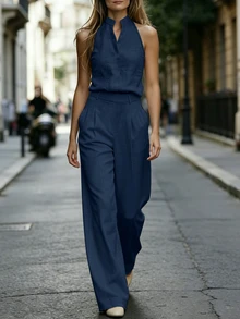 SHEIN Women's Business Commute V-Neck Tank Top And Wide Leg Pants 2 Pieces Set - Navy Blue - View 3
