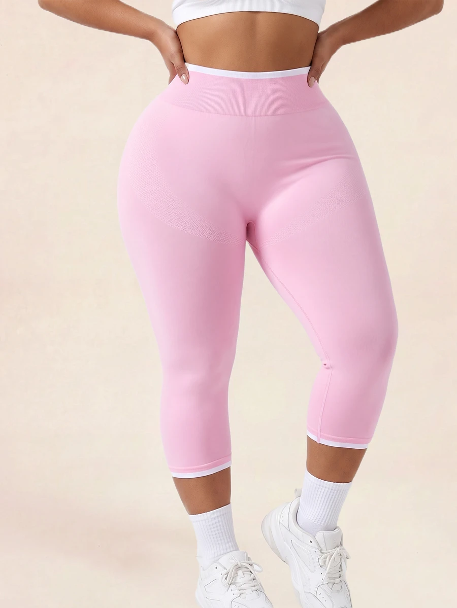 Rhythm Era Plus Size High Waist Seamless Sports Capris Gym Pink Summer - Baby Pink - View 1