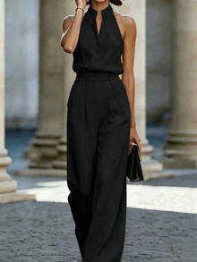 SHEIN Women's Solid Color Notch V-Neck Sleeveless Shirt And Pants Casual Two Pieces Set - Black - View 7