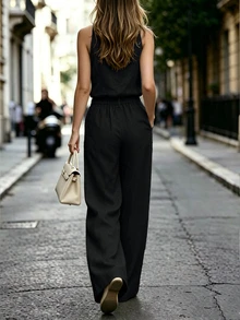 SHEIN Women's Solid Color Notch V-Neck Sleeveless Shirt And Pants Casual Two Pieces Set - Black - View 3